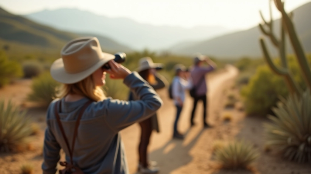 Dos observadores de aves con binoculares en sendero natural, enfocados en el cielo, equipo de observación