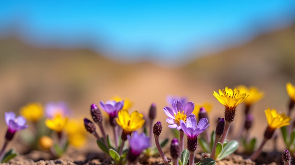 Flores silvestres púrpuras y amarillas en primer plano del bosque seco, cielo azul claro al fondo